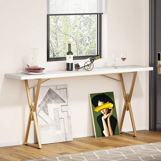70.9 Inch Wood Narrow Long Console Sofa Table, White and Gold