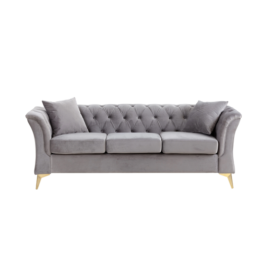 Modern 3 Seat Button Tufed Loveseat Sofa Chesterfield Curved Sofa Tufted Velvet Couch with Scroll Arms and Gold Metal Legs