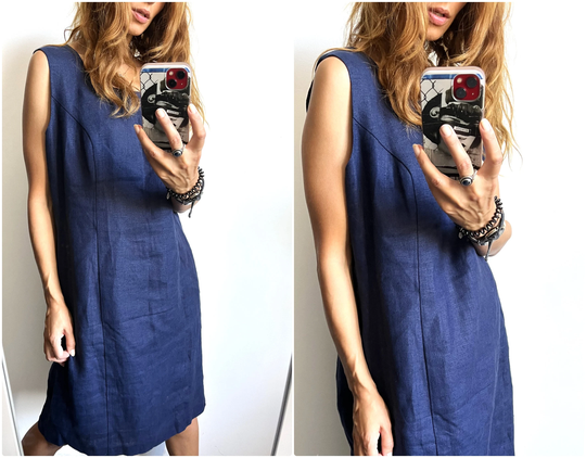 Navy Blue Vintage Linen Apron Dress/Minimalistic Size Plus Pencil - L