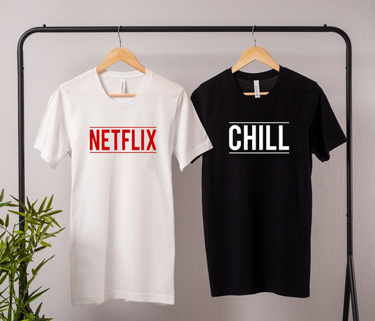 Netflix & Chill, Red Colorful, Couple Valentine's, Matching Shirts, Movie Night Tees, Romantic Costume, Cute Design Men Women