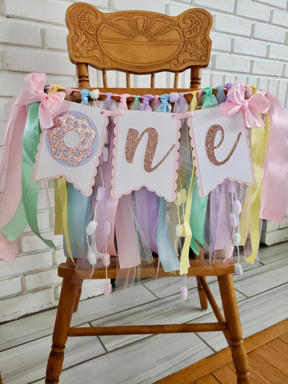 Donut High Chair Banner. One Banner. First Birthday Pastel Garland. Party Decorations. Grow Up