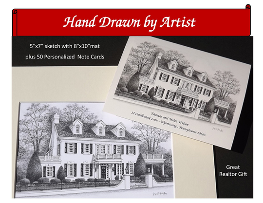 Reserved Listing J Boehmer Custom Home Portrait 5x7 Pencil Sketch & 100 Note Cards Closing Gift Housewarming Realtor