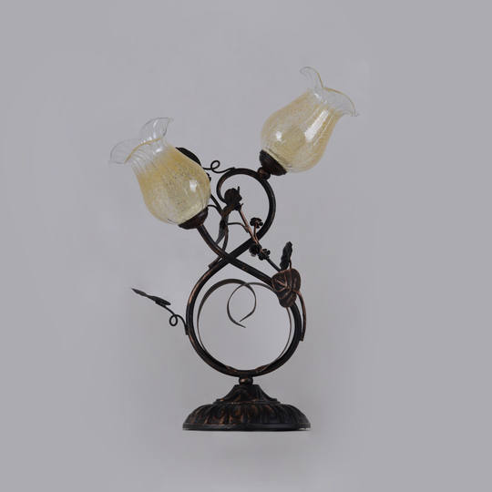 Antique Table Lamp With Handmade Glass Flower Shades - Mid Century Metal Desk Unique Art Deco Night Light Bedside