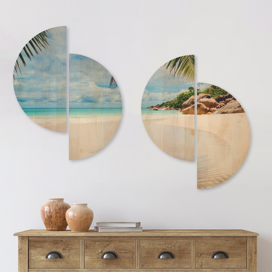 Designart 'Summer Beach with Palm Leaves' Modern Seascape Wood Wall Art Set of 4 Half Circles - Multi-Color