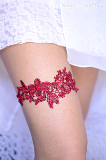 Burgundy Lace Wedding Garter Set, Bridal Handmade Accessories Red Gift For Bride