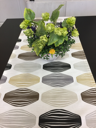Table Runner Grey Brown Geometric On White Cotton Linen 57 Inches