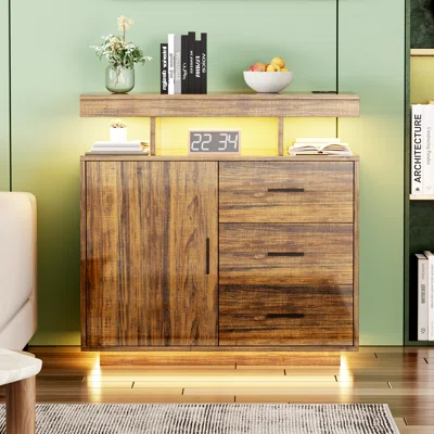 Sideboard Buffet Storage Cabinet With Led Lights & Wireless Charging Station