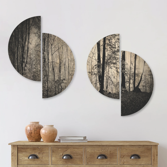 Designart 'Beautiful Forest Morning Panorama' Landscape Wood Wall Art Set of 4 Half Circles - Multi-Color