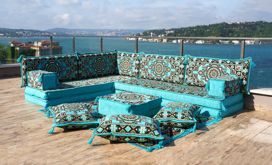 8" Thick Turquoise L Shaped Floor Couch, Sky Blue Arabic Seating, Pillow, Corner Sofa, Sectional Loveseat, Majlis
