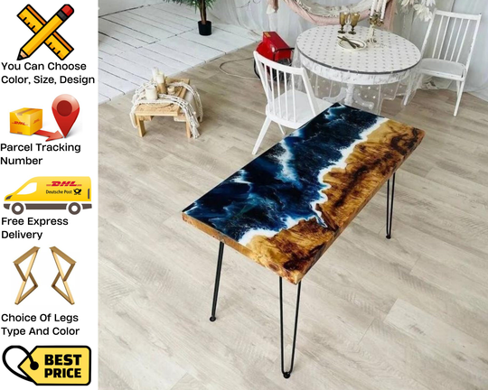 Dining Room Table, Live Edge Epoxy River Resin Handmade Wood Custom Table