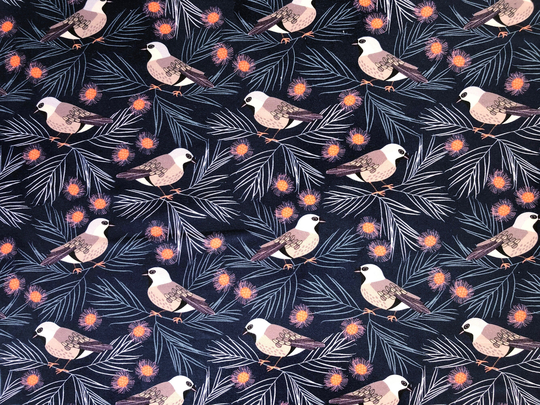 Black-Throated Finch Bird & Spider Flower Navy Floral Quilting Cotton Fabric By 1/4, 1/2 Yard Or Fat Quarter, Australian