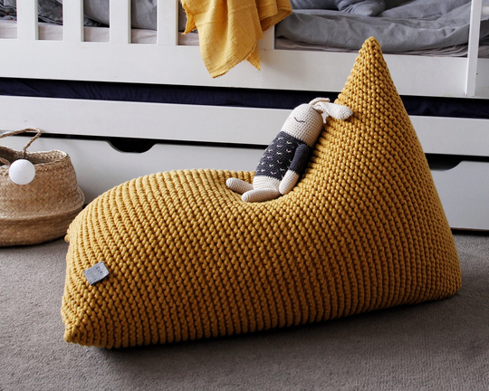 Knitted Bean Bag Chair Cover, Mustard Beanbag Kids Chair, For Lounger, Scandinavian Bedroom Furniture