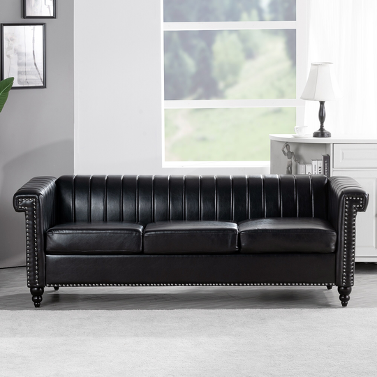 82.5" Square Arm Removable Cushion 3 Seater Sofa, PU Leather Seat Cushions Sofa