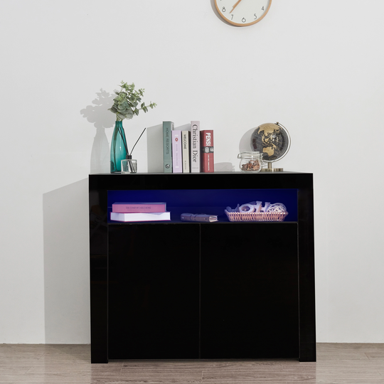 Sideboard Storage Cabinet Black High Gloss with LED Light Kitchen Buffet Wooden Storage with 2 Door