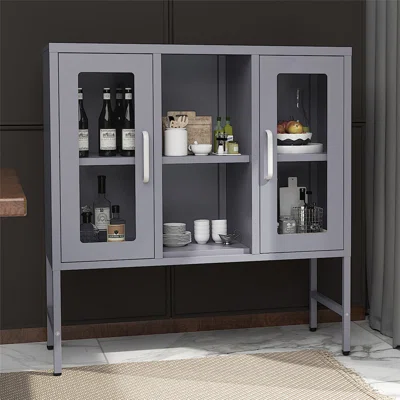 Metal Storage Cabinet With 2 Tempered Glass Door, Display Cabinet , Gray