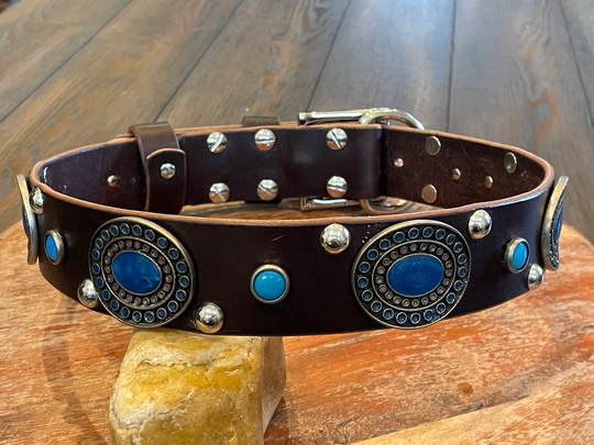 Ready To Ship, Premade, Western Leather Dog Collar With Swarovski Conchos, Turquoise Stones. Collar 1.5" W X 25" L Large Dogs