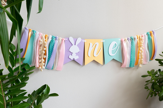 Bunny High Chair Banner Baby Girl Easter 1st Birthday Garland Highchair Sign Decor With Ribbon Tassels Violet Turquoise Pink Yellow
