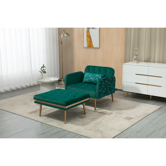 2 in 1 Chaise Velvet Lounge Chair Accent Chair with 3 Reclining Angles, Indoor Lounge Sofa with Ottoman & Elegant Pillow