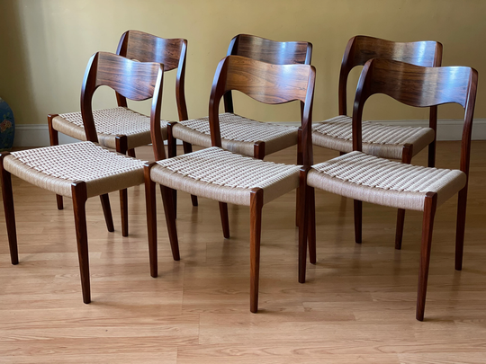 6 Moller Model #71 Dining Side Chairs, Rosewood, New Danish Paper Cord Natural | 71 | Set Of 6, Or Set 12
