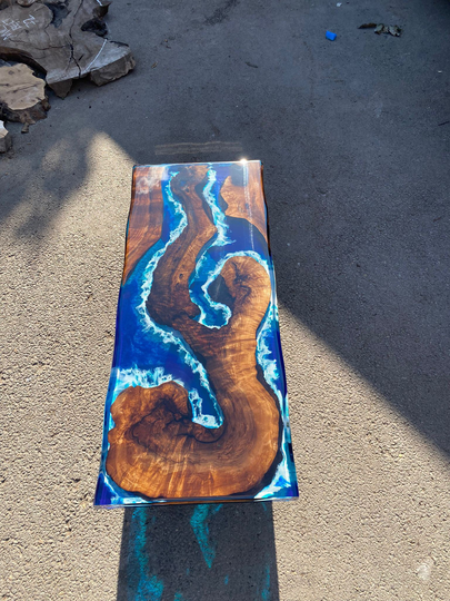 Live Edge Table, Custom 42" X 16" Walnut Ocean Blue, Turquoise White Waves Epoxy River Table Order For Kristin