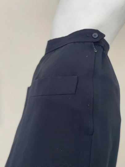 Vintage Black Ysl Wool Pocket Pencil Skirt-Midi-Inky-Designer-Yves Saint Laurent-Lined-Business Womenswear-1980S Mini-Small