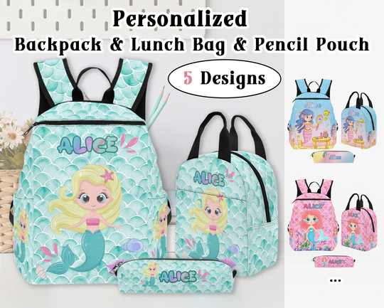 Custom Mermaid Backpack For Girl, Personalized Name Backpack/Lunch Bag/Pencil Pouch Kids, Girl Lunch Box, Girl & Box