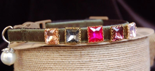Luxury Cat Collar.rhinestone Small Dog Collar, Dark Olive Velvet Puppy Collar, Pet Party Collar.teacup Collar, Collar.wedding Collar