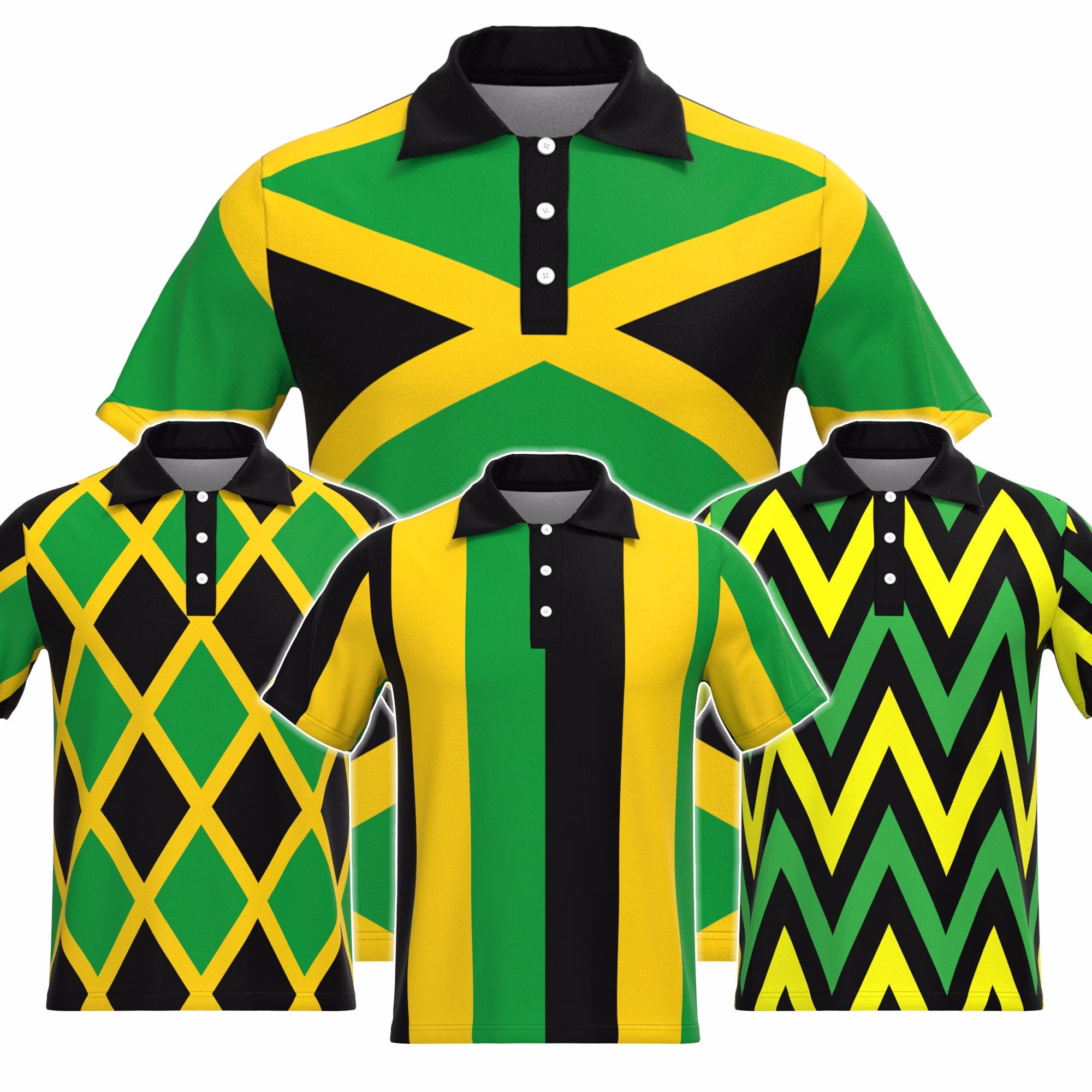 Jamaica Flag Inspired The Cross Black Green Gold Yellow Color Jamaican Short Sleeve Collar Collared Polo Tee T-Shirt Shirt