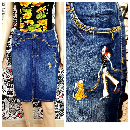 Jeans Skirt L Embroidered Skirt Denim Womens Midi Embroidery Vintage Pocket Pencil
