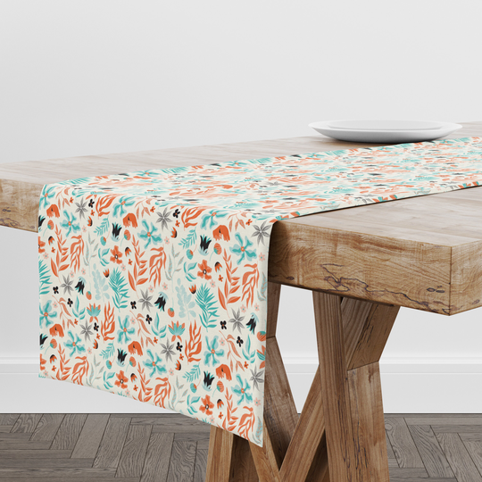 Table Runner Orange & Turquoise Floral Motives | Unique Design Decor High Quality Textile & Print Made in Eu