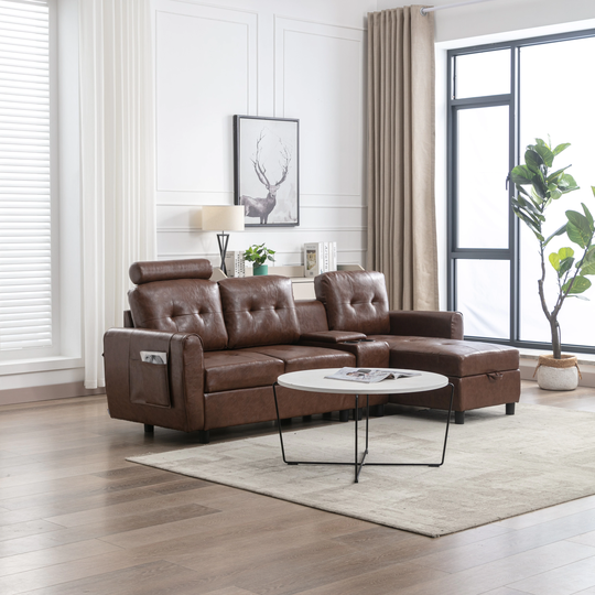 PU Leather Cozy Sectional Sofa with Storage Loveseat Sofa and Reversible Storage Chaise, Cup Holder Design Sofa for Living Room