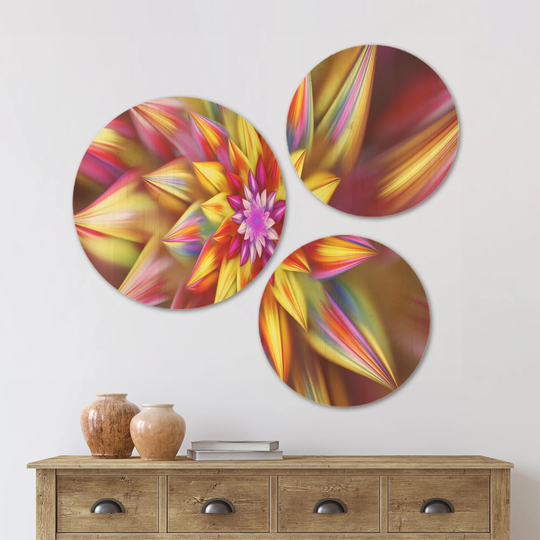 Designart 'Large Multi Color Alien Fractal Flower' Floral Wood Wall Art Set of 3 Circles - Multi-Color