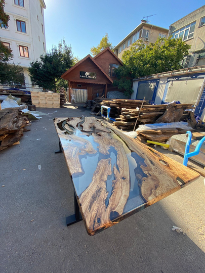Handmade Epoxy Table, Custom 108" X 42" Olive Wood Clear Dining Live Edge Order For Billy P
