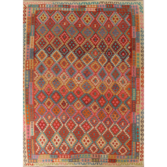 Multi-Color Geometric Kilim Area Rug Hand-woven Wool Carpet - 10'5"x 12'5"
