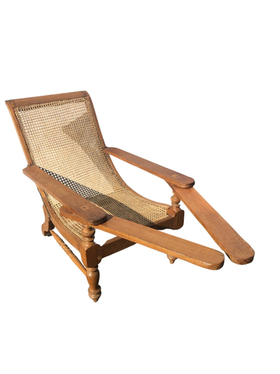 Large Gorgeous Antique Plantation Chair in Teak & Cane With Swing Out Leg Rests