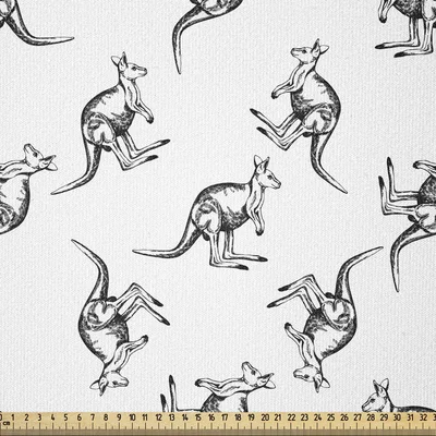 Kangaroo Fabric By The Yard, Hand-Drawn Pencil Sketched Style Long Tailed Animal Plain Background