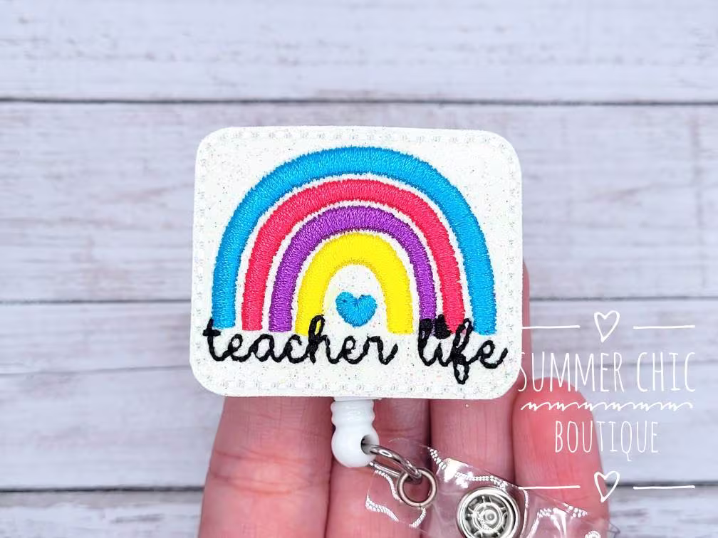 Teacher Life Rainbow Badge Reel, Pencil School Holder