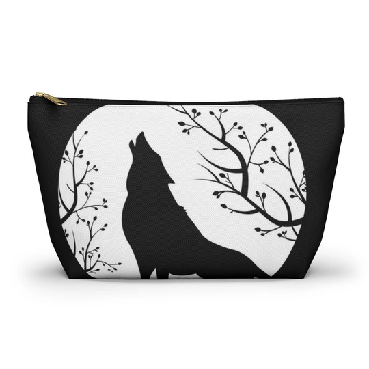 Howling Wolf Makeup Accessory Pouch With T-Bottom | Full Moon Witchy Travel Toiletry Bag Witchcraft School Pencil