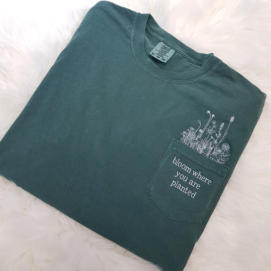 Embroidered Comfort Colors® Wildflowers Pocket Shirt | Bloom Where You Are Planted Botanical Nature Tee Gift Mental Health Tee, Flower