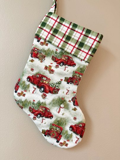 Christmas Stocking with Red Truck, Tree & Snowmen, Susan Winget Design Fabric