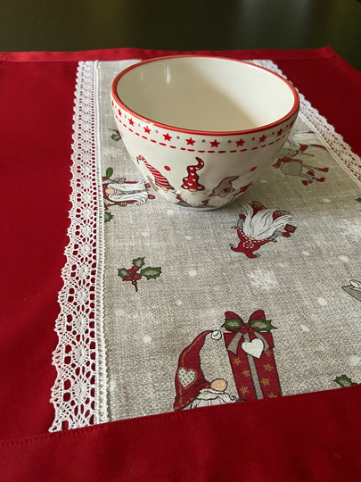 Christmas Table Linen Centerpiece Table Runner Red Grey Topper White Lace