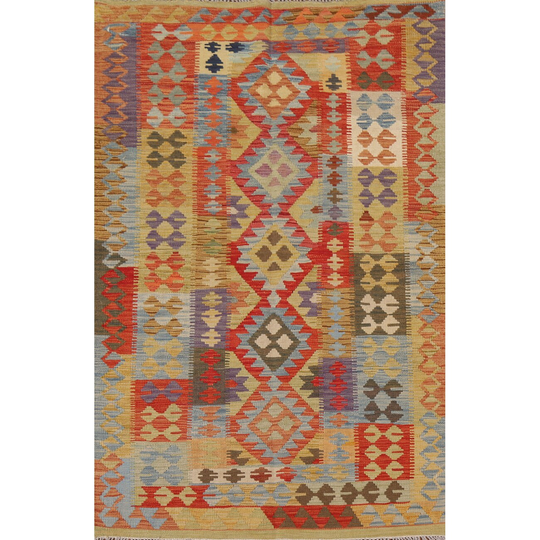 Reversible Multi-Color Kilim Oriental Area Rug Flat-weave Wool Carpet - 4'4" x 6'7"