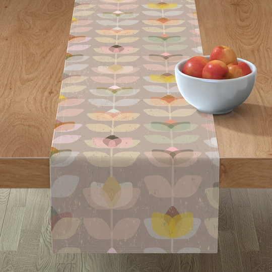 Mod Floral Table Runner - Muted Mid-Century Flowers By Design Dannick Retro Inspired Atomic Era Cotton Sateen Spoonflower