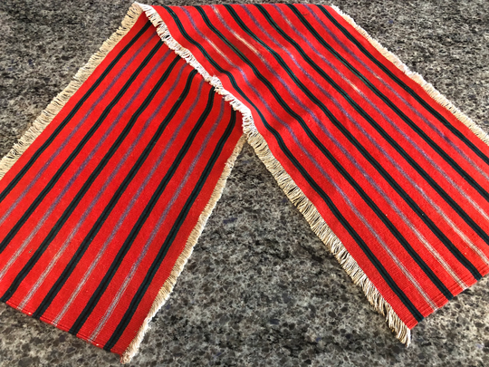 Vintage Red Striped Woven Wool Table Runner 14" W X 54" L With Fringe Edges - Ethnic Table Runner, Striped Woven Mexican Cloth