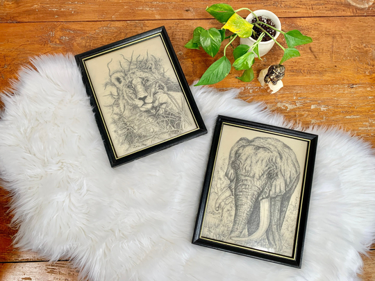 Vintage Lion & Elephant Drawings - African Wildlife Art, Eclectic Wall Framed Pencil