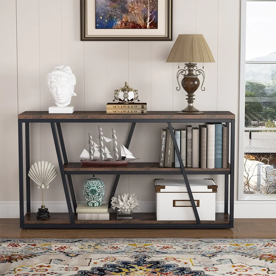 Rustic Console Table 3 Tier Storage Shelves Wood Metal Sofa Table - 54 x 84