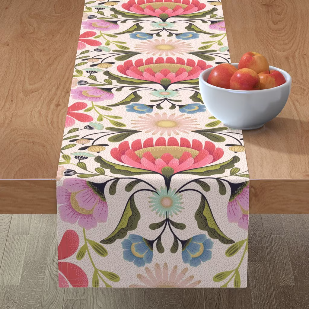Folk Art Floral Table Runner - Maximalist Flowers By Garabateo Large Scale Vintage Inspired Cotton Sateen Spoonflower
