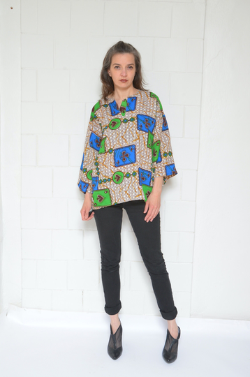 Cards Colorful Blouse/Vintage 90S Multi Color African Waxed Cotton Print Long Sleeve Oversized Top - One Size