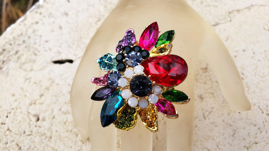 Multi Color Statement Ring, Oversized Multi Rhinestone Rainbow Stretch Red Fitness Competition Ring