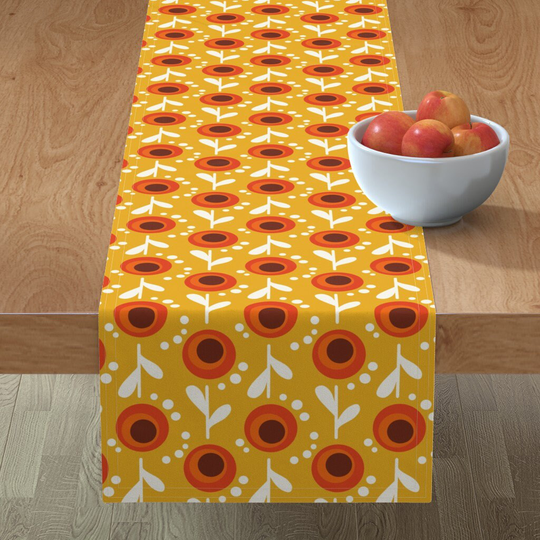 Abstract Floral Table Runner - Retro By Kathrinlegg Mustard Yellow Kitchen Cotton Sateen Spoonflower